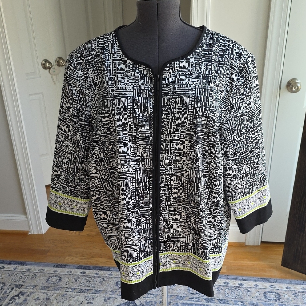 Alfred Dunner Black & White Office Smart-casual Jacket w Green Accents Plus Size